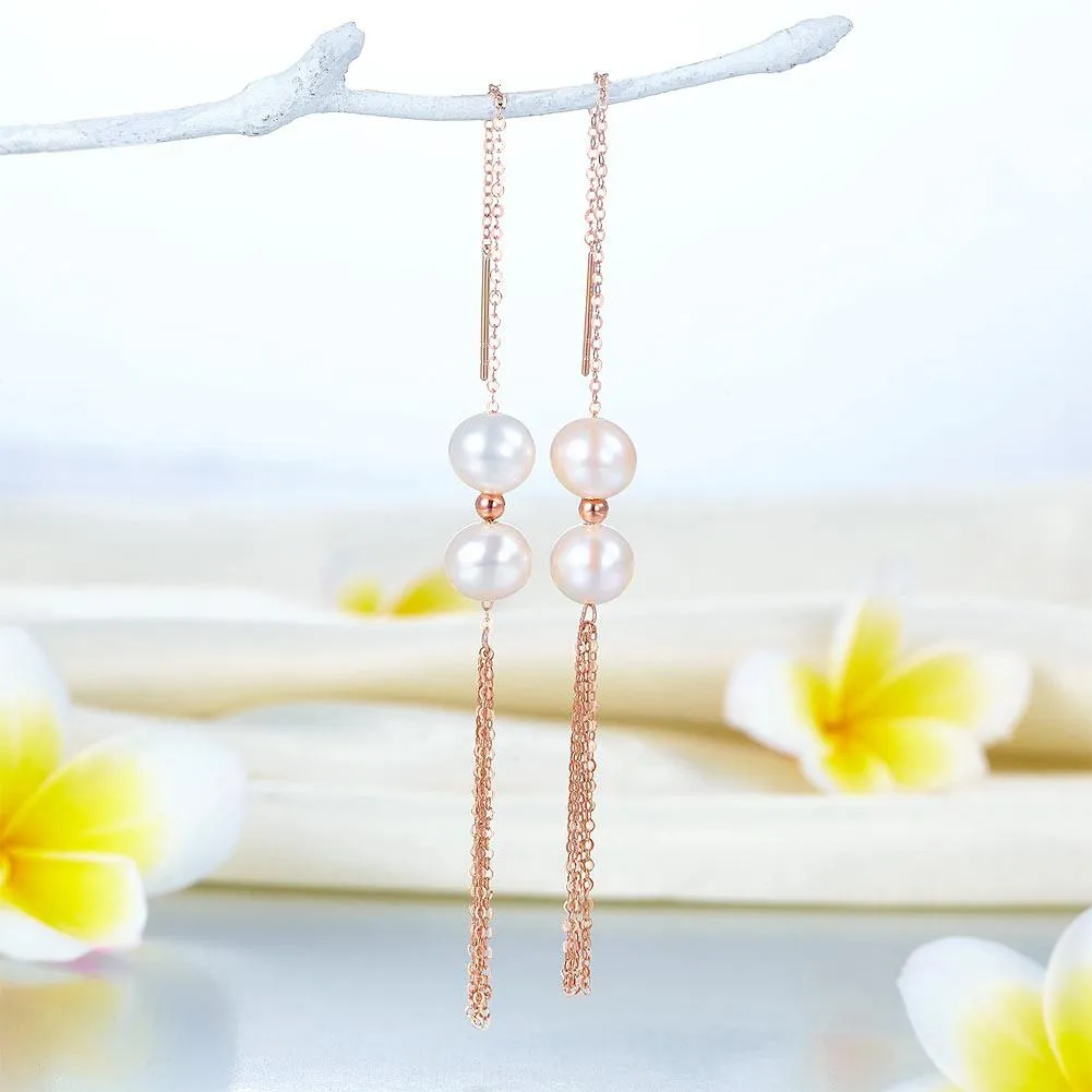 18K/750 Rose Gold Drop Dangle Double Pearls Earrings