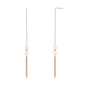 18K/750 Rose Gold Drop Dangle Double Pearls Earrings