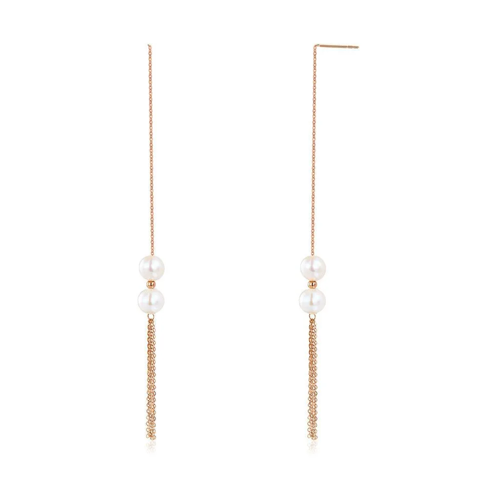 18K/750 Rose Gold Drop Dangle Double Pearls Earrings