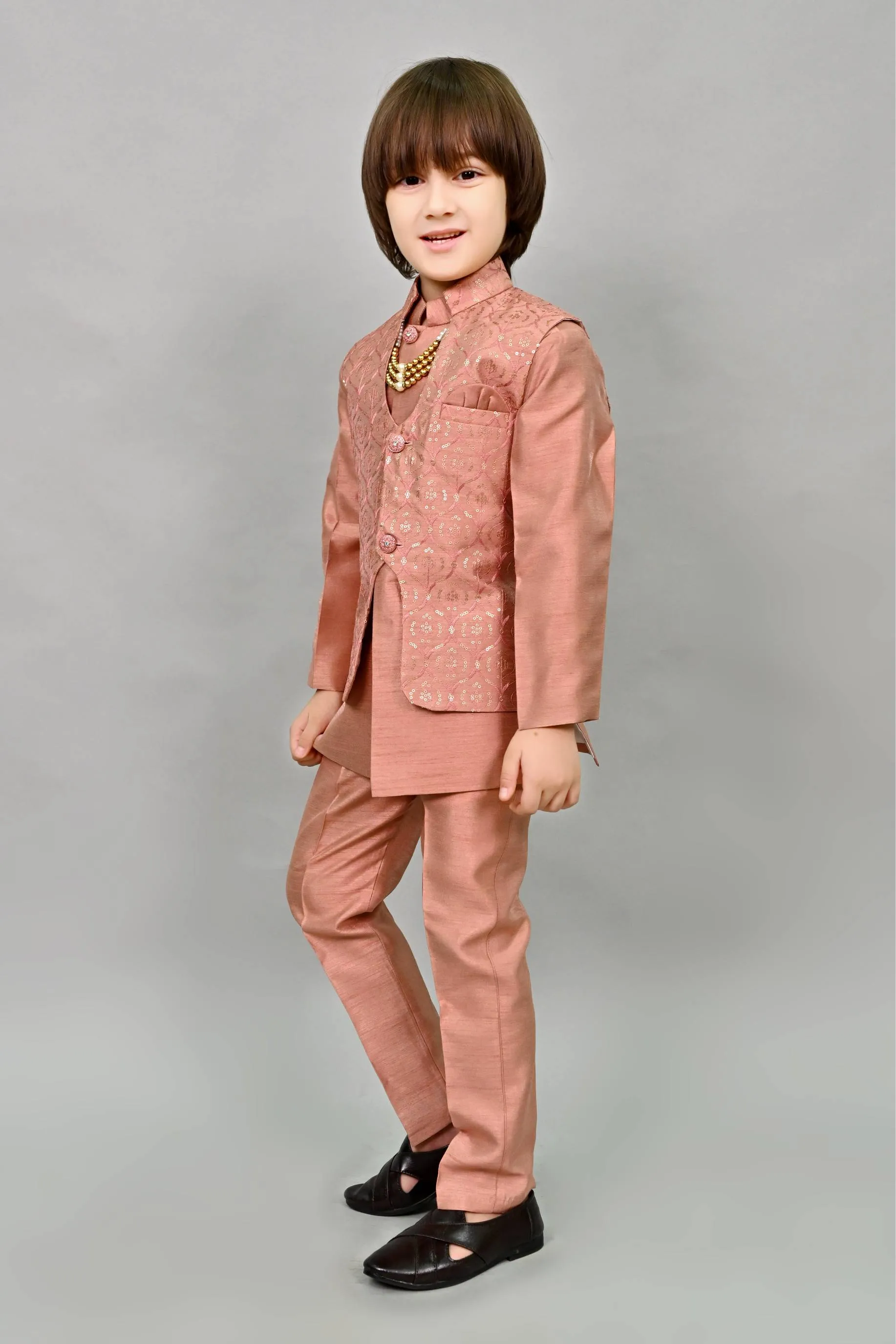 Ahhaaaa Kids Ethnic Bollywood Style Sherwani Waistcoat Kurta and Pyjama with Moti Mala for Boys