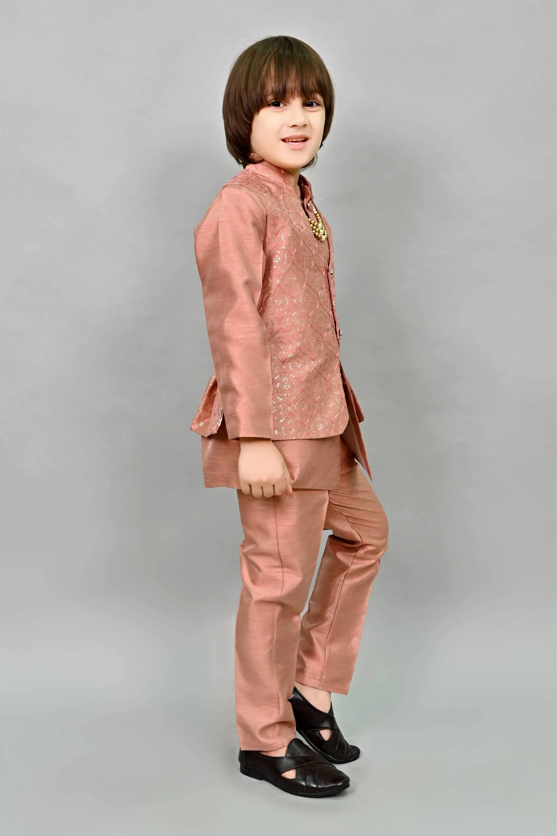 Ahhaaaa Kids Ethnic Bollywood Style Sherwani Waistcoat Kurta and Pyjama with Moti Mala for Boys