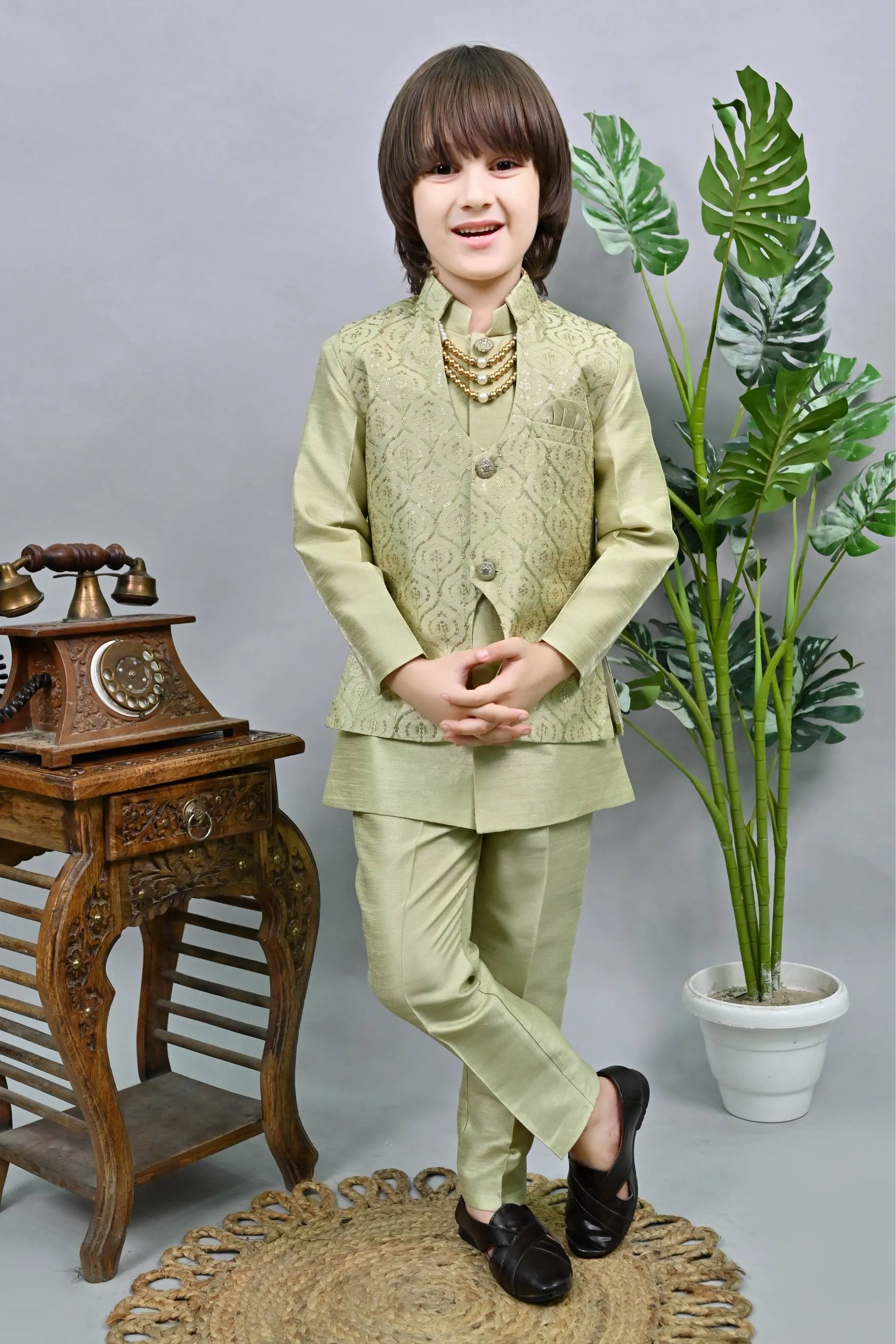 Ahhaaaa Kids Ethnic Bollywood Style Sherwani Waistcoat Kurta and Pyjama with Moti Mala for Boys