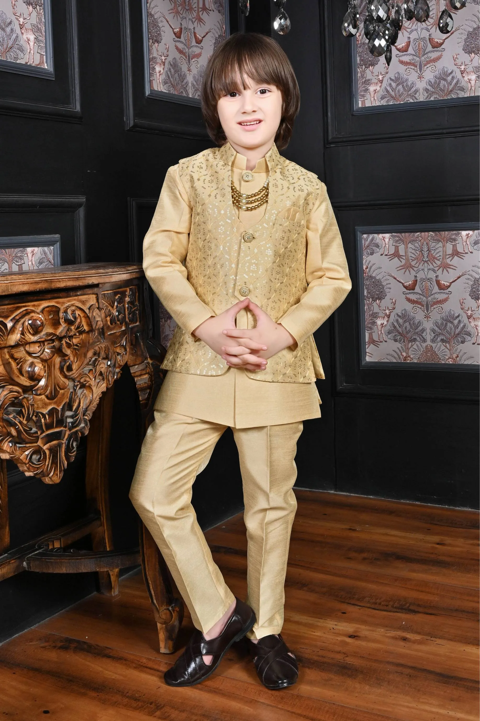 Ahhaaaa Kids Ethnic Bollywood Style Sherwani Waistcoat Kurta and Pyjama with Moti Mala for Boys