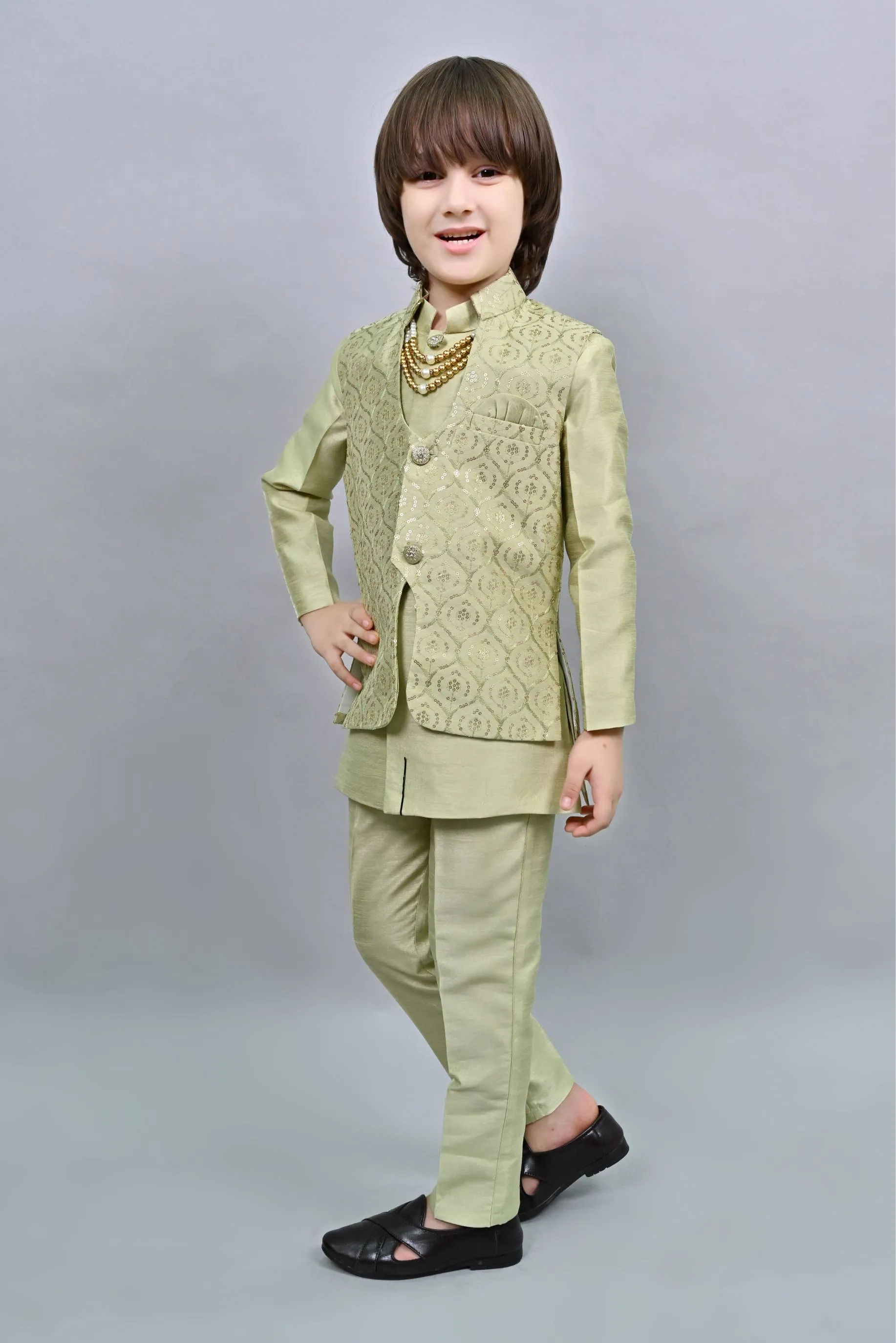 Ahhaaaa Kids Ethnic Bollywood Style Sherwani Waistcoat Kurta and Pyjama with Moti Mala for Boys