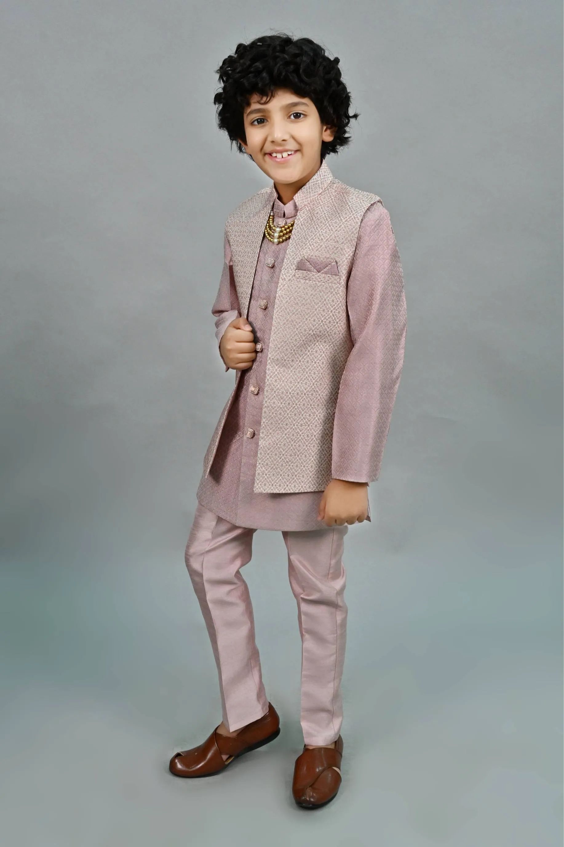 Ahhaaaa Kids Thread Zari Work Indo-Western Kurta, Pajama and Waistcoat for Boys