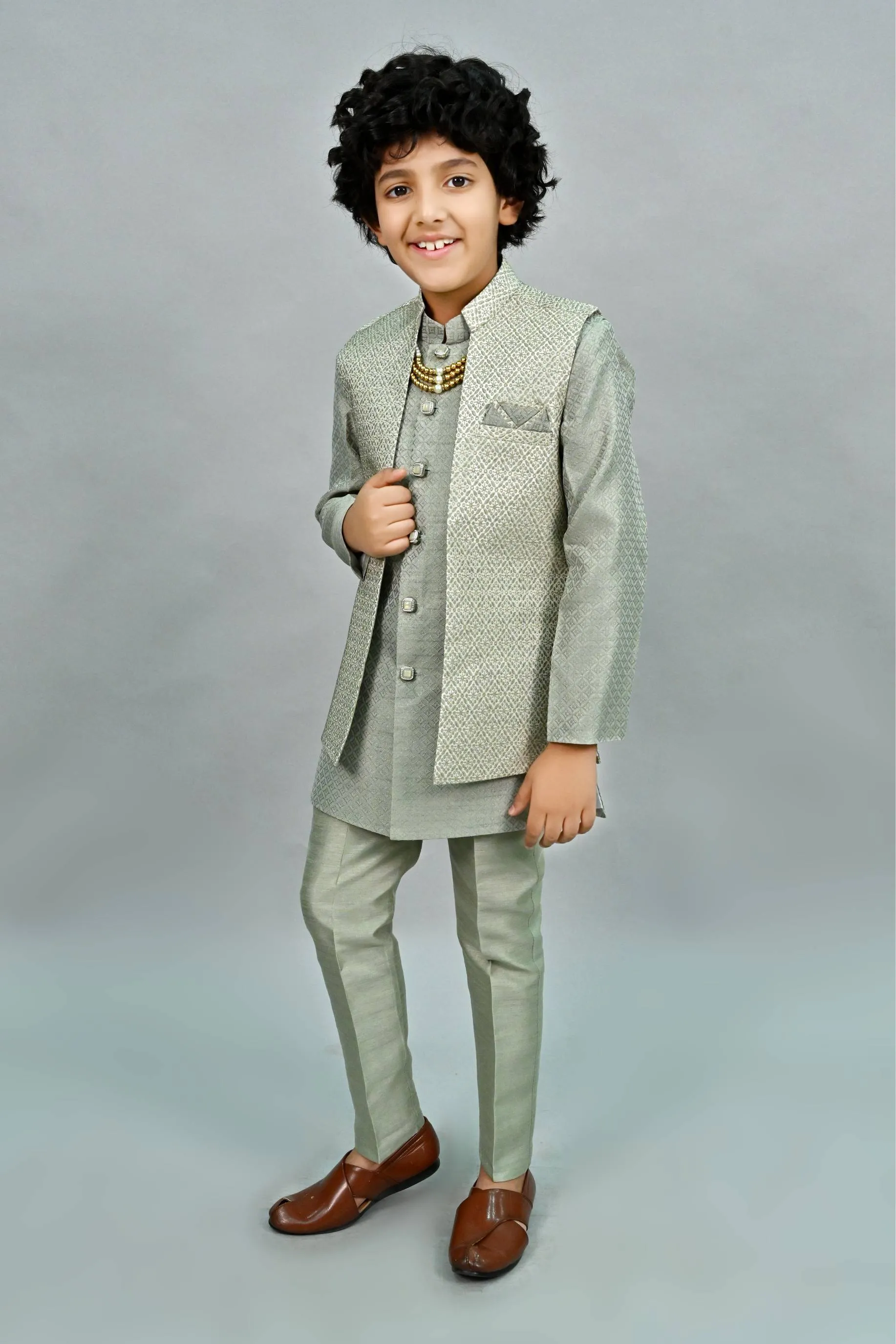 Ahhaaaa Kids Thread Zari Work Indo-Western Kurta, Pajama and Waistcoat for Boys