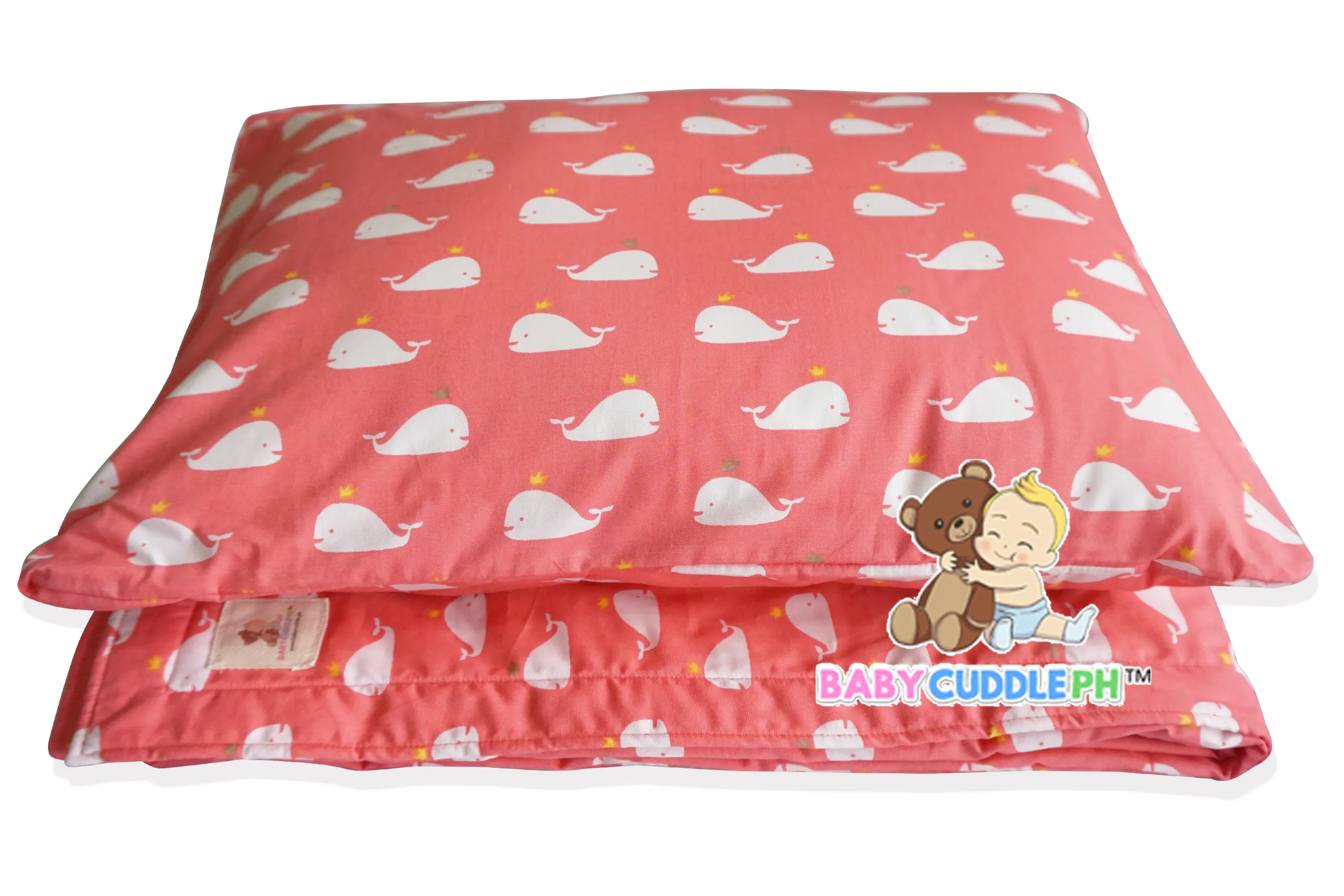 Baby Whale in Coral - Babycuddleph Toddlers kit (Pillow & Blanket)