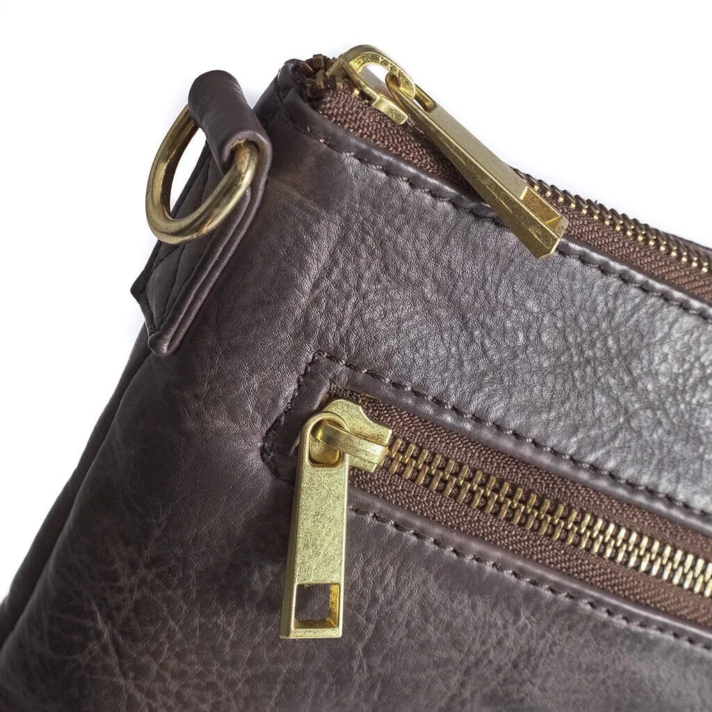 Beautiful leather clutch with golden zippers / 12152 - Dark brown