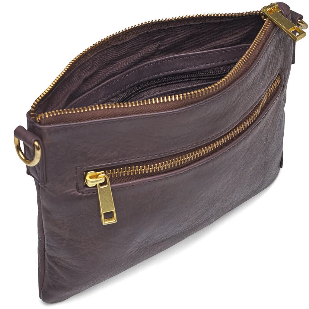 Beautiful leather clutch with golden zippers / 12152 - Dark brown