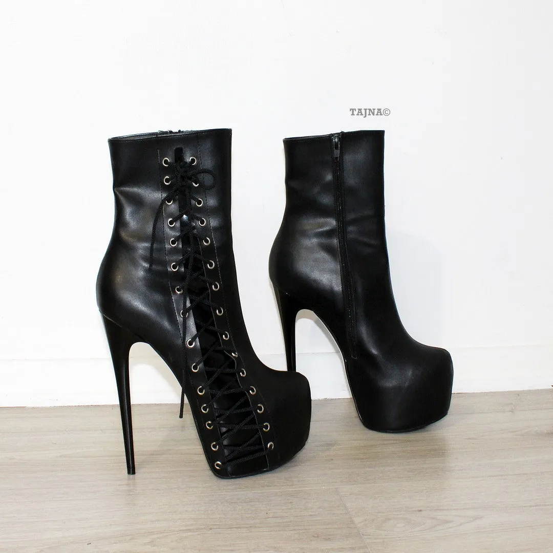 Black Corset Style High Heel Ankle Boots