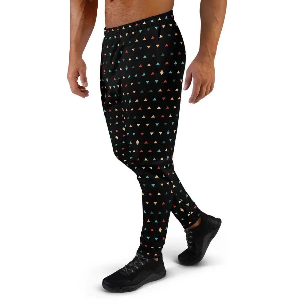 Black Geometric Men's Joggers, Birthday Boy Triangles Print Casual Sweatpants- Made in EU