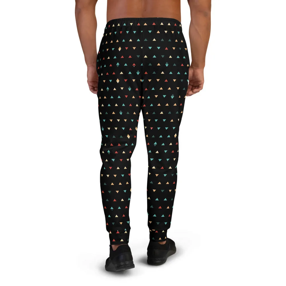 Black Geometric Men's Joggers, Birthday Boy Triangles Print Casual Sweatpants- Made in EU