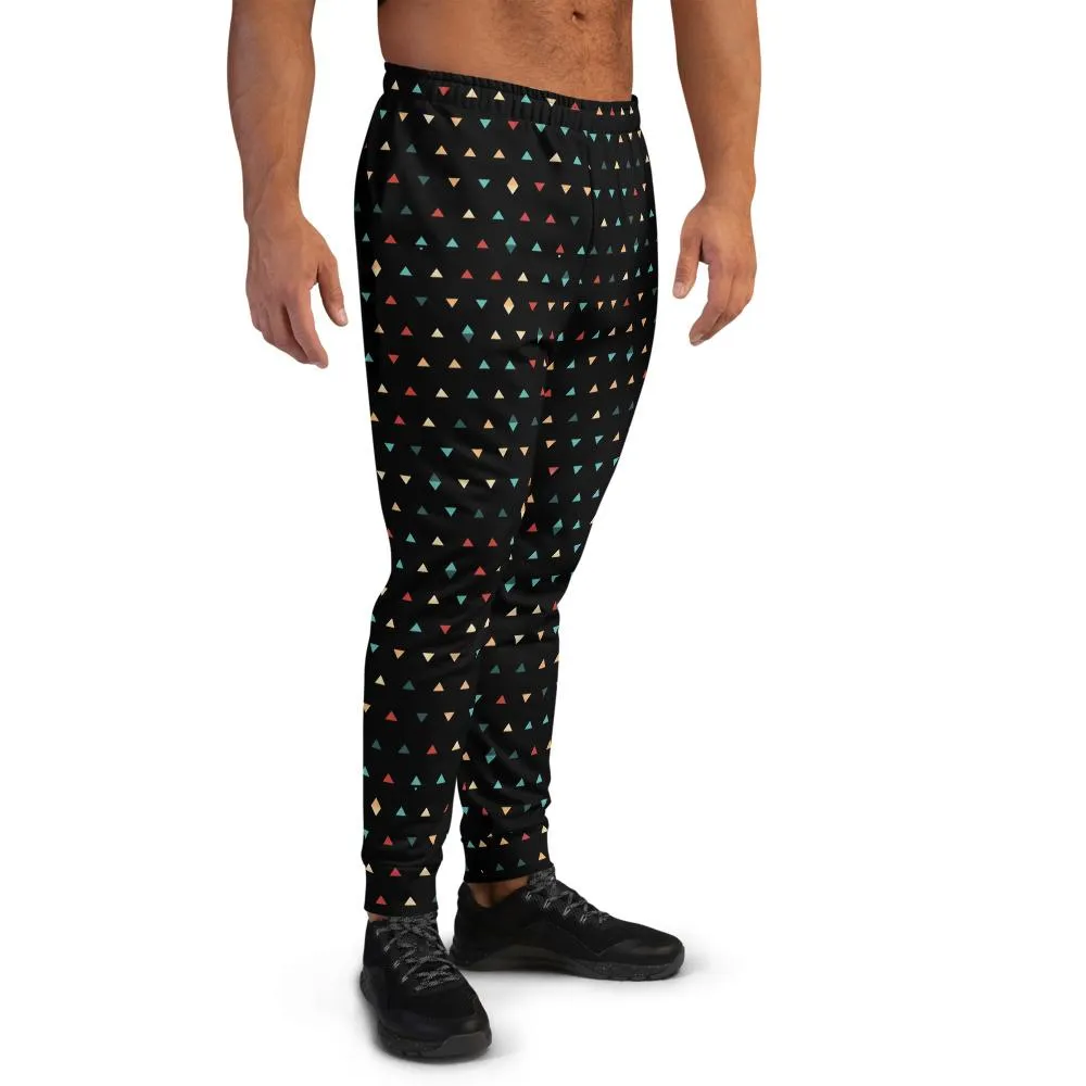 Black Geometric Men's Joggers, Birthday Boy Triangles Print Casual Sweatpants- Made in EU