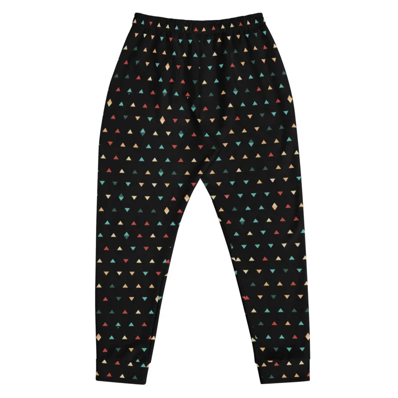 Black Geometric Men's Joggers, Birthday Boy Triangles Print Casual Sweatpants- Made in EU