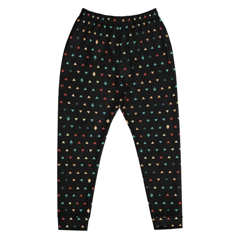 Black Geometric Men's Joggers, Birthday Boy Triangles Print Casual Sweatpants- Made in EU