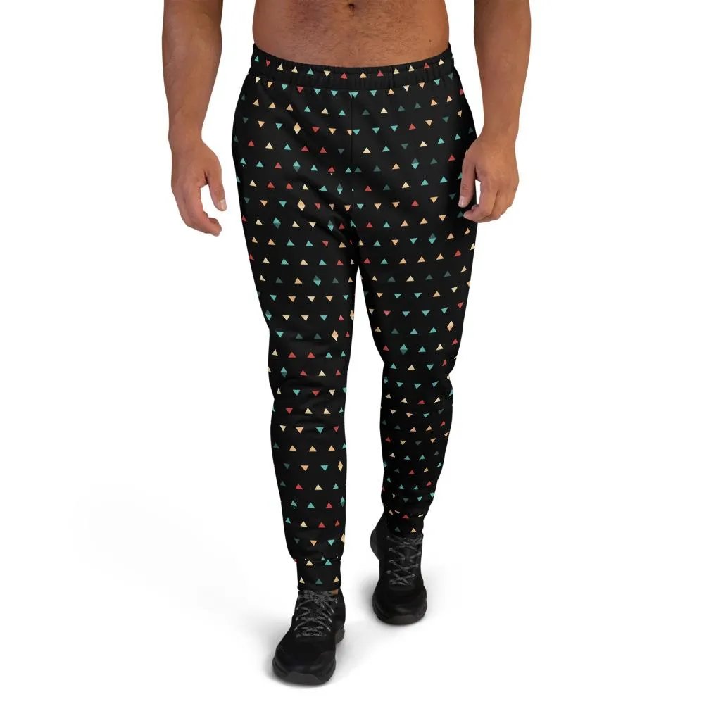 Black Geometric Men's Joggers, Birthday Boy Triangles Print Casual Sweatpants- Made in EU