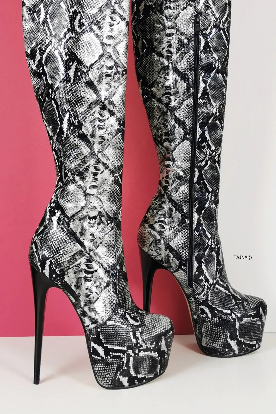 Black White Snake Knee High Boots