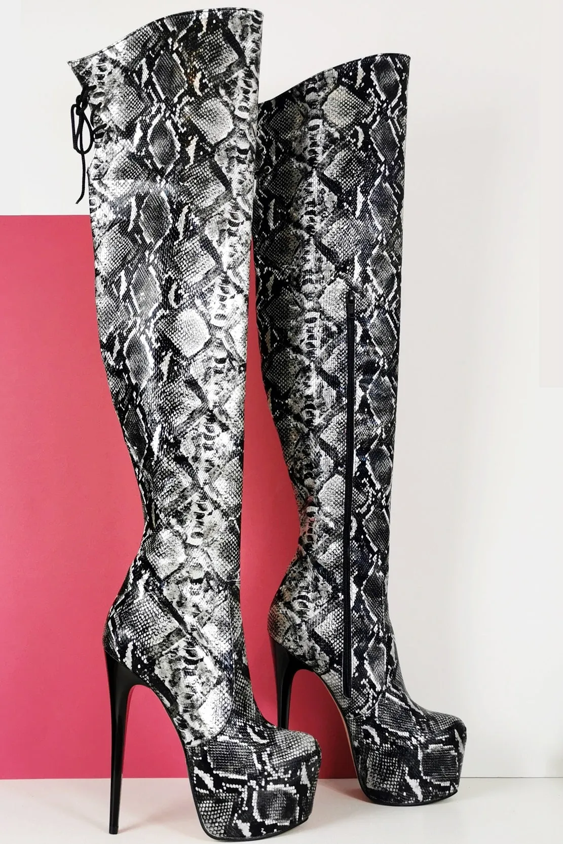 Black White Snake Knee High Boots