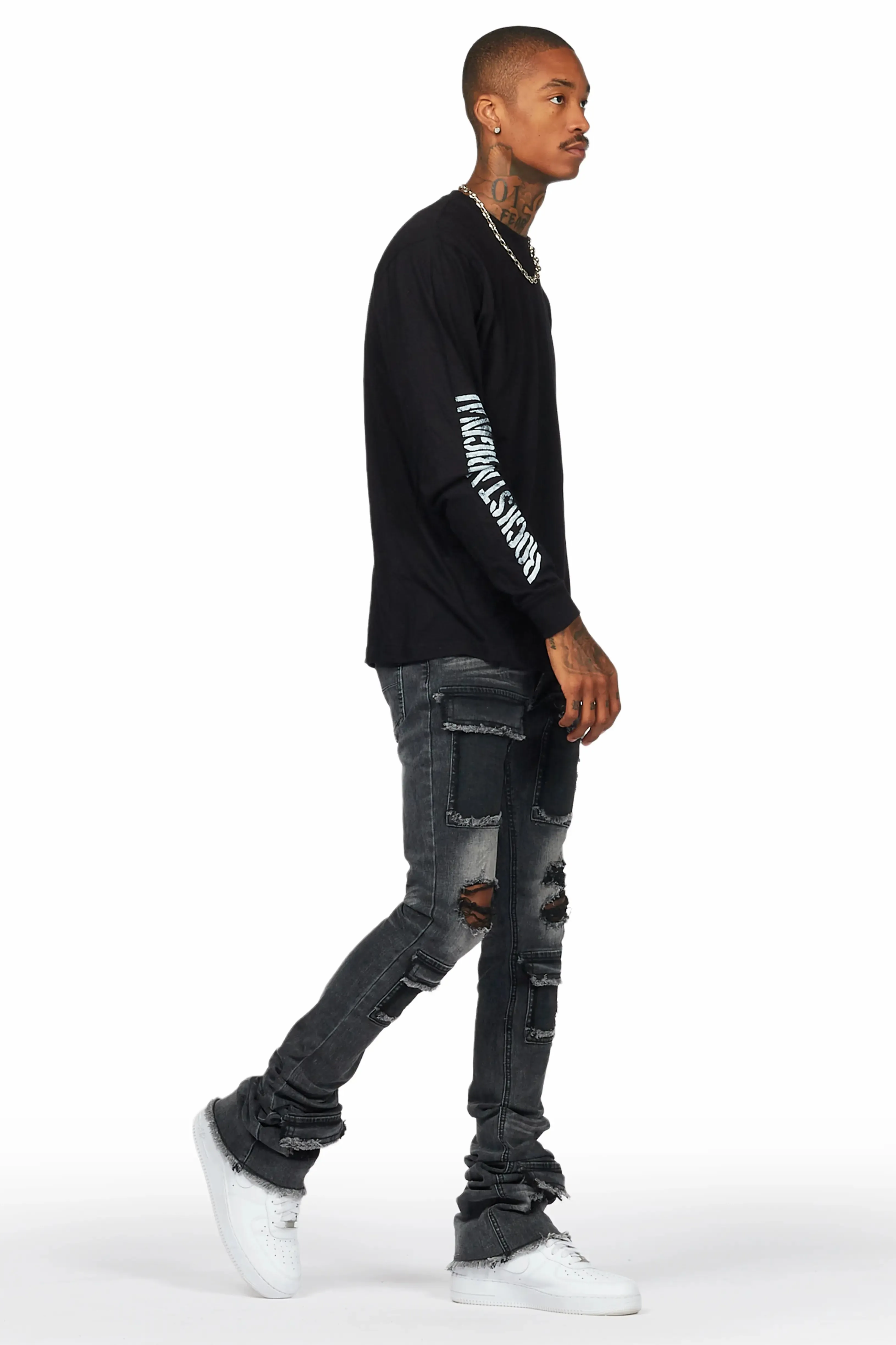 Dark Grey Cargo Super Stacked Flare Jean