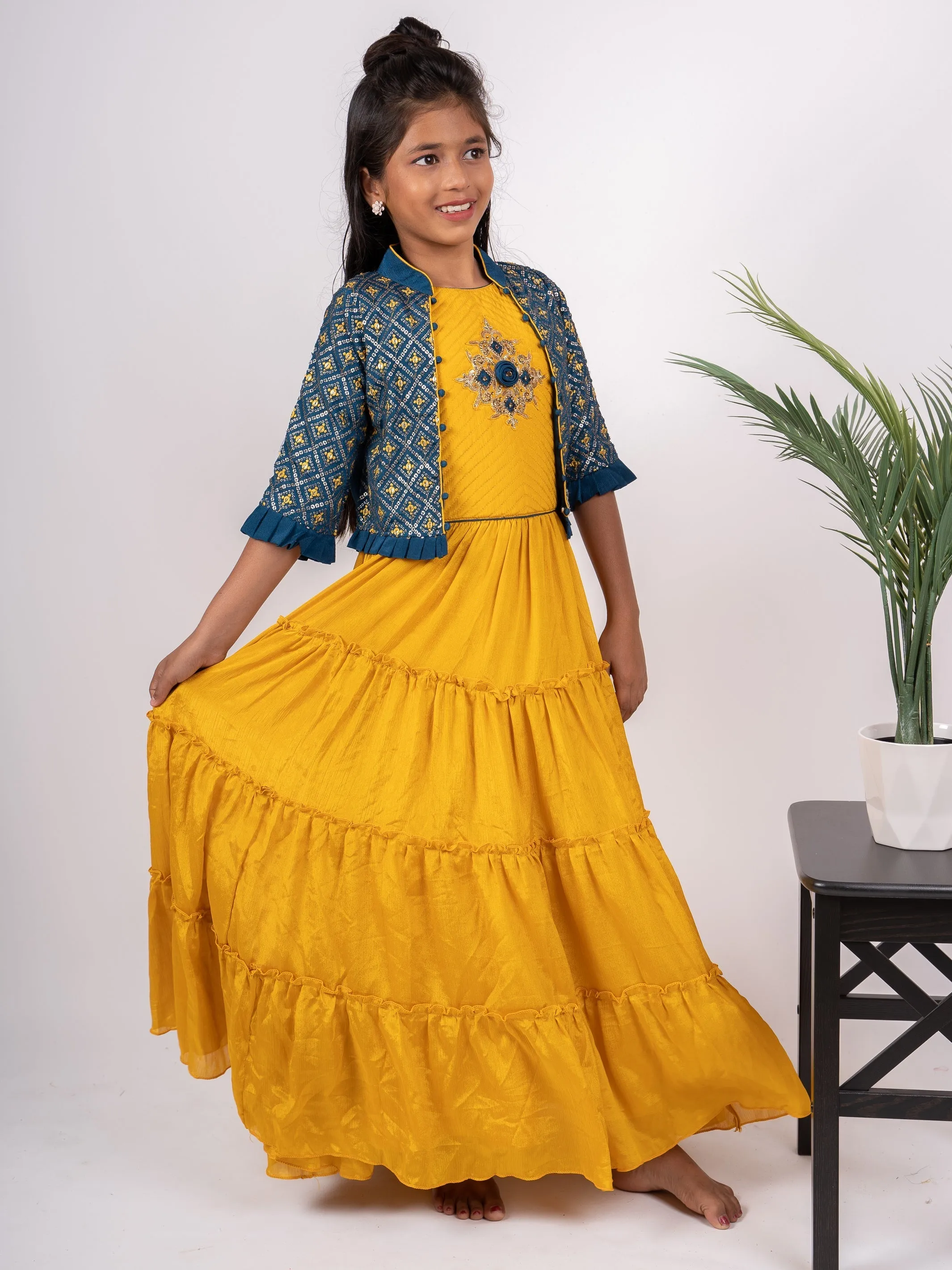 Designer Party Wear Anarkali With Sequenced Over Jacket For Toddlers