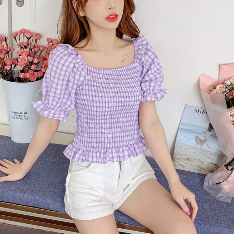 Gingham Checked Ruffle Hem Shirred Crop Top Blouse