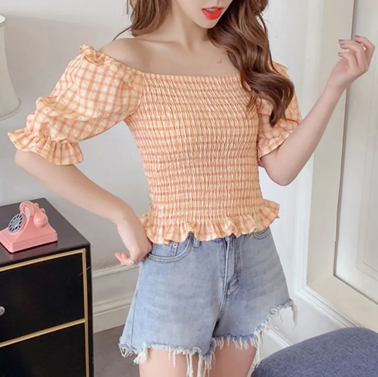 Gingham Checked Ruffle Hem Shirred Crop Top Blouse