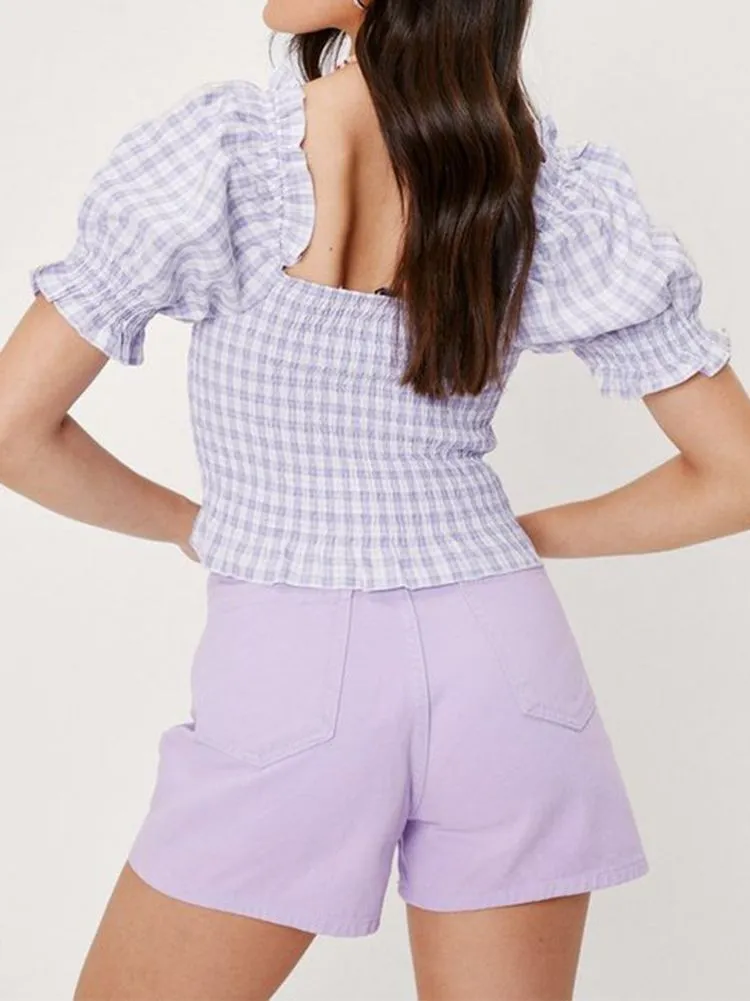 Gingham Checked Ruffle Hem Shirred Crop Top Blouse