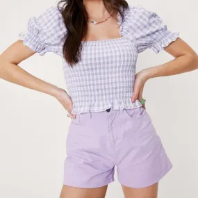 Gingham Checked Ruffle Hem Shirred Crop Top Blouse