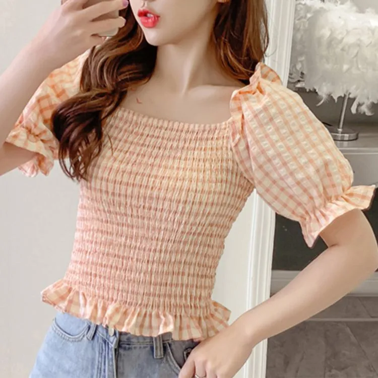 Gingham Checked Ruffle Hem Shirred Crop Top Blouse