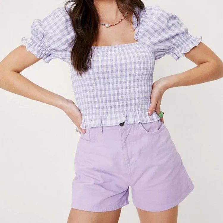 Gingham Checked Ruffle Hem Shirred Crop Top Blouse