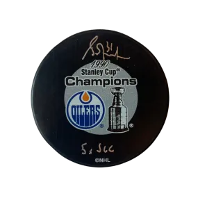 Grant Fuhr Edmonton Oilers Autographed 1990 Oilers Stanley Cup Puck w/ "5x SCC" Inscription - Fan Cave COA