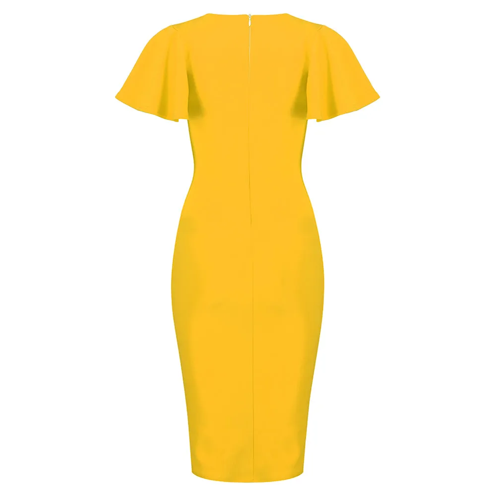 Honey Yellow Half Sleeve Deep V Neck Crossover Top Wiggle Dress