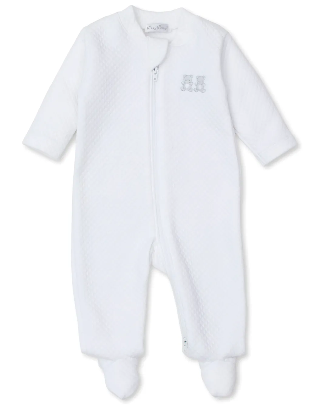 Kissy Kissy Jacquard Zip Footie in White Baby Bear Cub