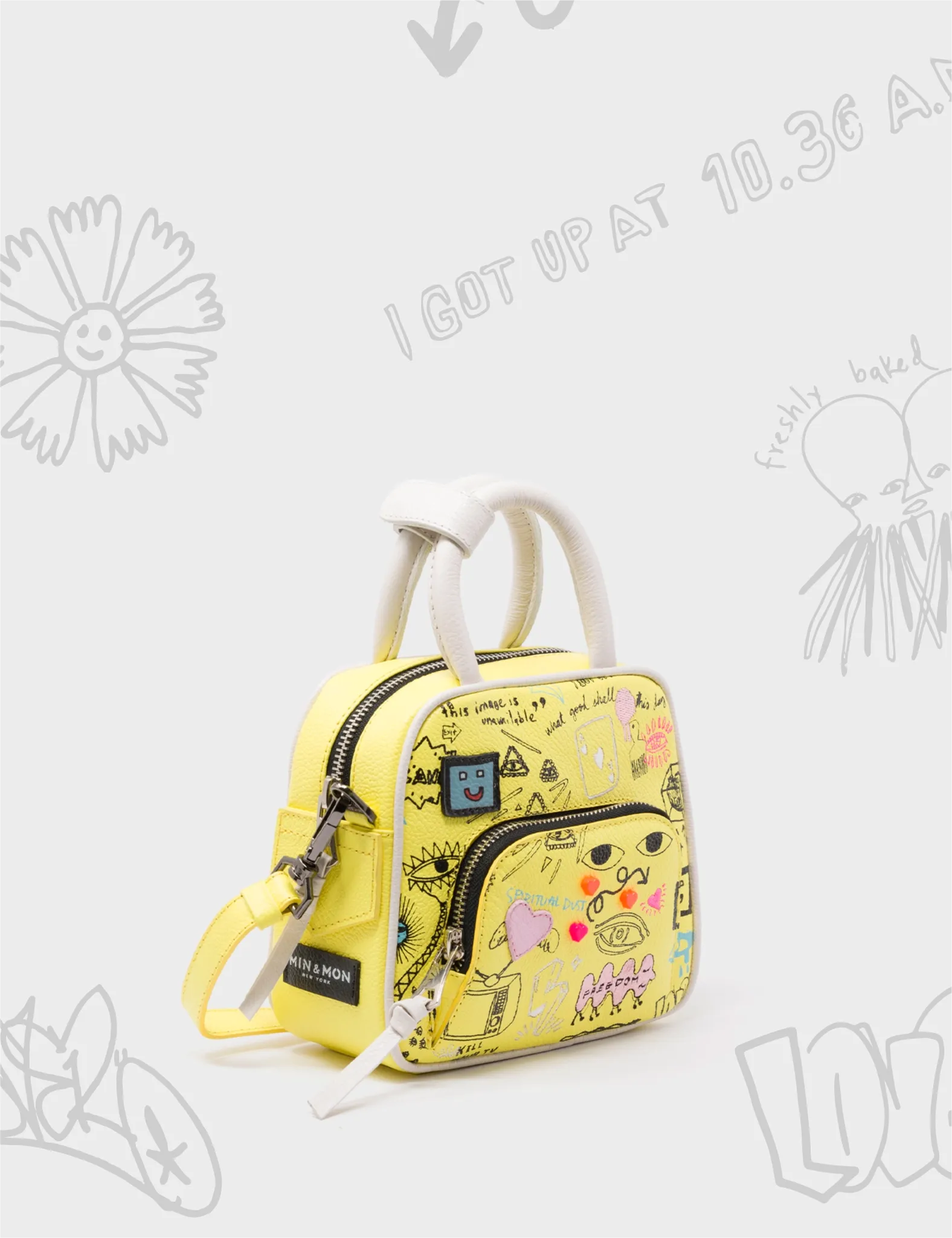 Marino Mini Crossbody Yellow Leather Bag - Urban Doodles Print