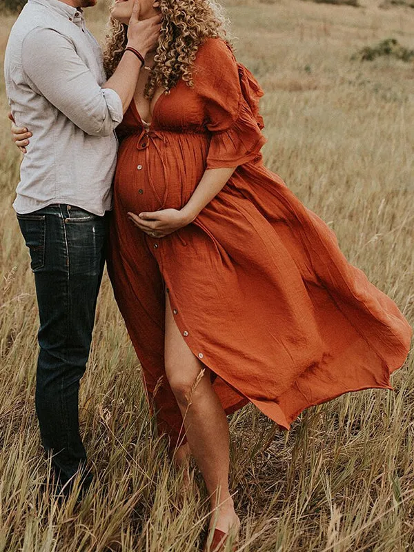 Momnfancy Single Breasted Drawstring Ruffle Tie Back Red Maternity Photoshoot Maxi Dress