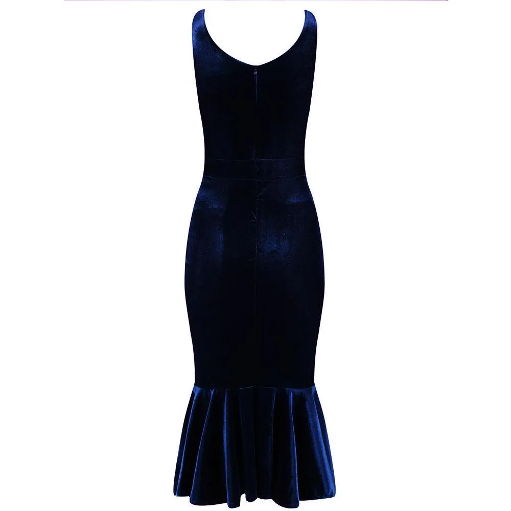 Navy Blue Velour Sleeveless Peplum Hem V Neck Wiggle Dress