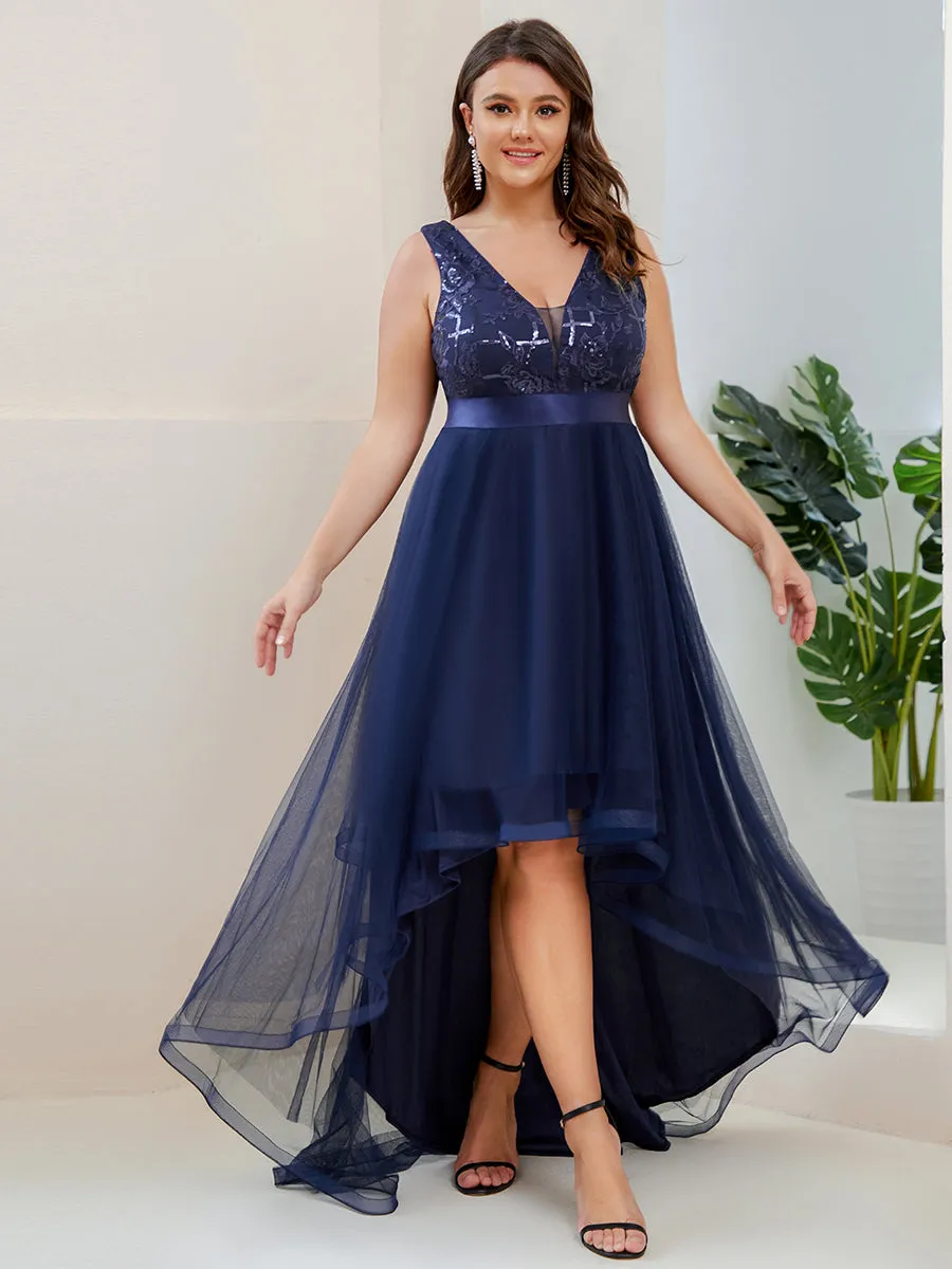 Plus High-Low V Neck Tulle Wholesale Prom Dresses with Sequin Appliques