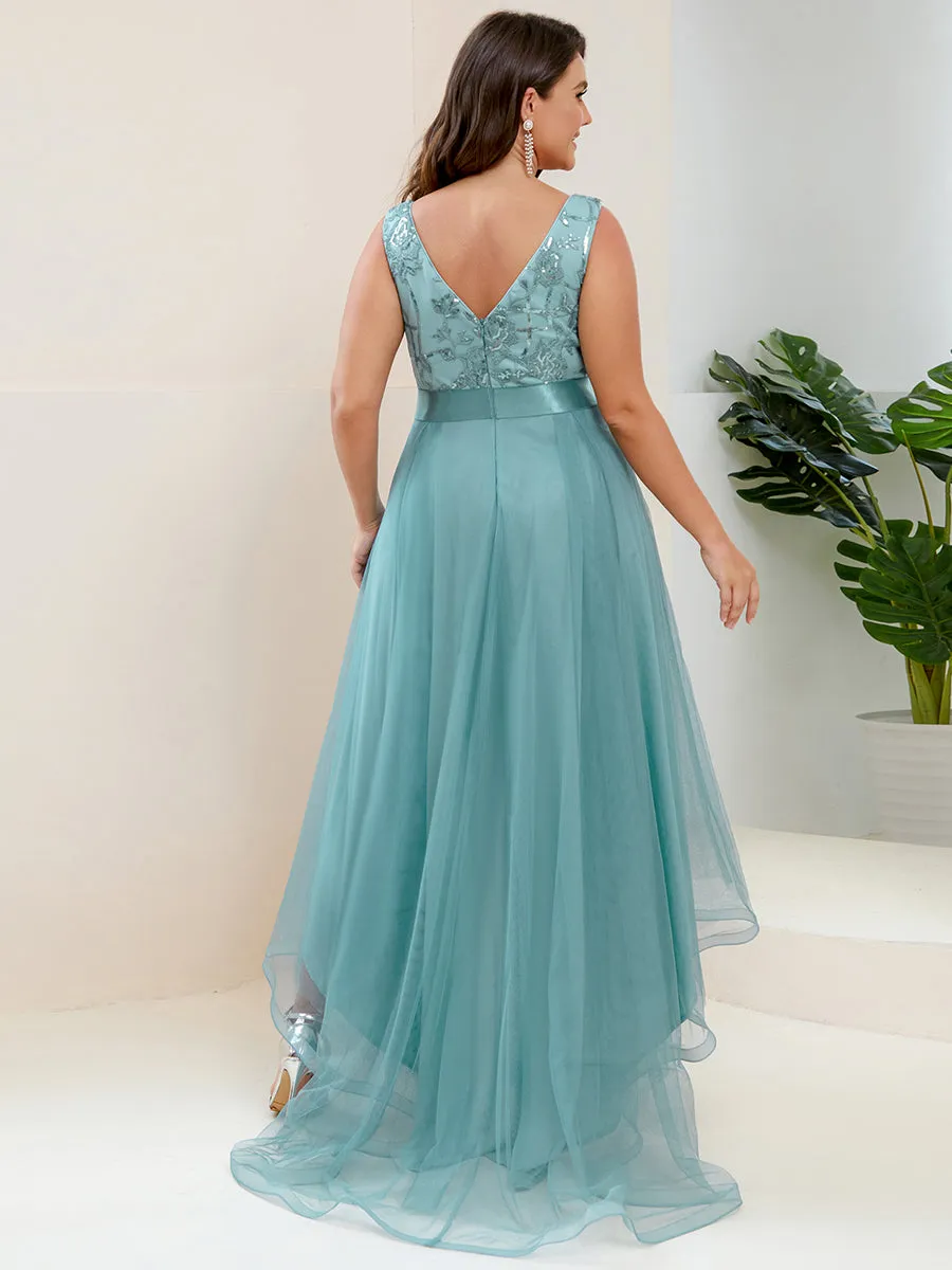 Plus High-Low V Neck Tulle Wholesale Prom Dresses with Sequin Appliques