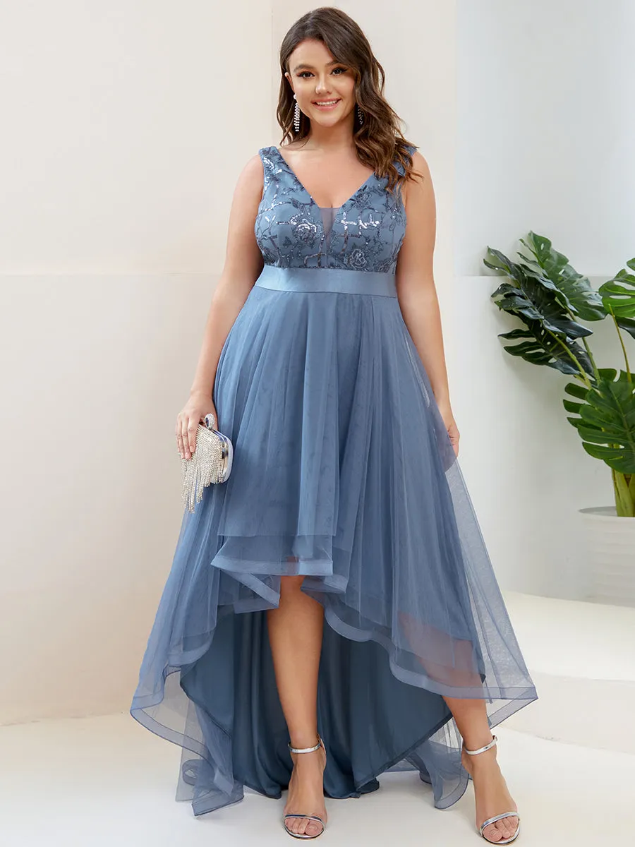 Plus High-Low V Neck Tulle Wholesale Prom Dresses with Sequin Appliques