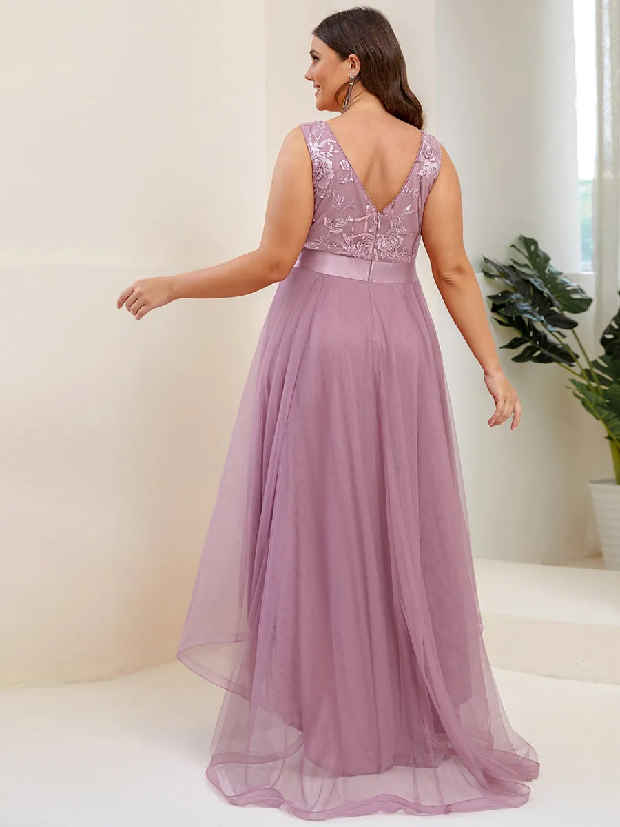 Plus High-Low V Neck Tulle Wholesale Prom Dresses with Sequin Appliques