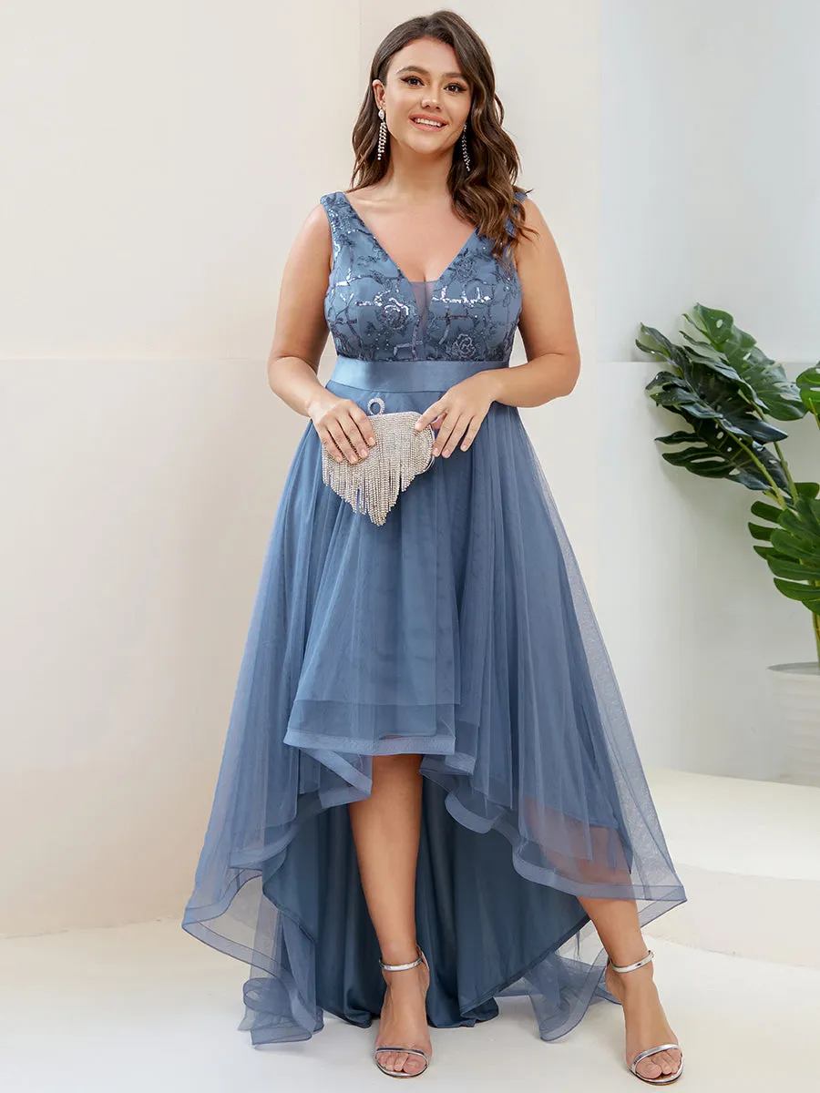 Plus High-Low V Neck Tulle Wholesale Prom Dresses with Sequin Appliques