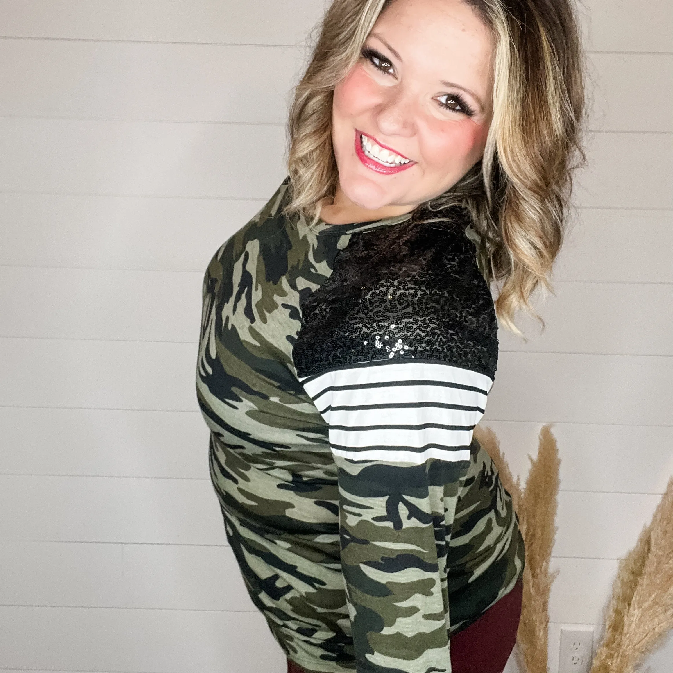 "Dare Me" Long Sleeve Camo and Sequin Accent