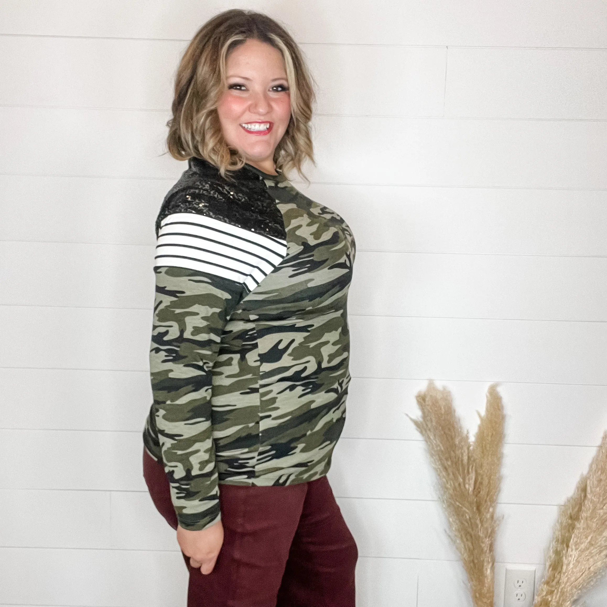 "Dare Me" Long Sleeve Camo and Sequin Accent