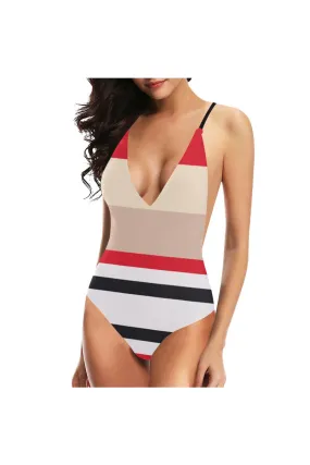 Red & Black Stripe Sexy Lacing Backless One-Piece Swimsuit