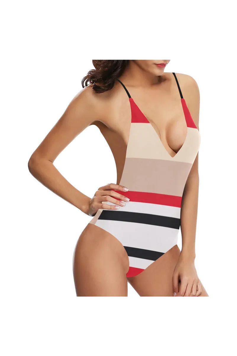 Red & Black Stripe Sexy Lacing Backless One-Piece Swimsuit