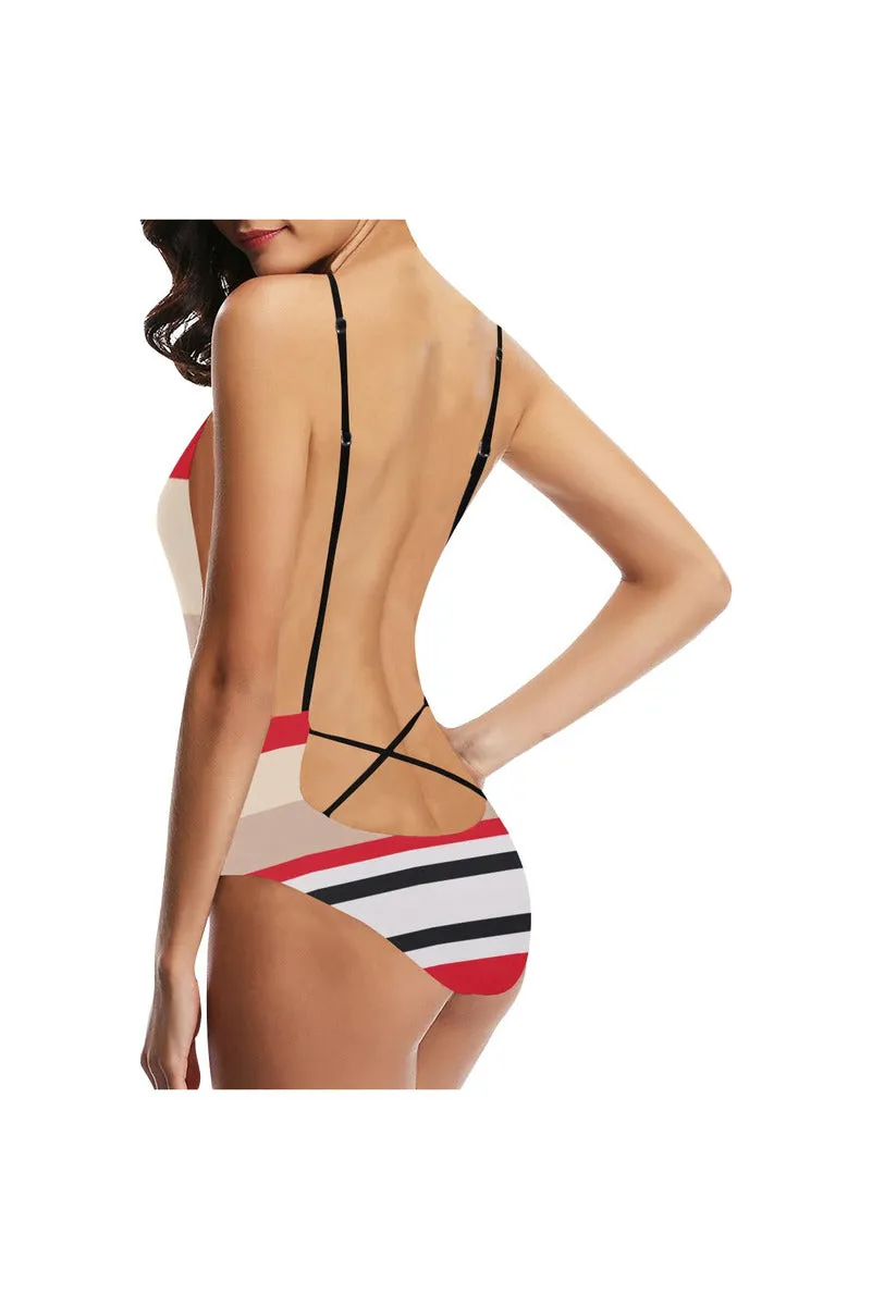 Red & Black Stripe Sexy Lacing Backless One-Piece Swimsuit