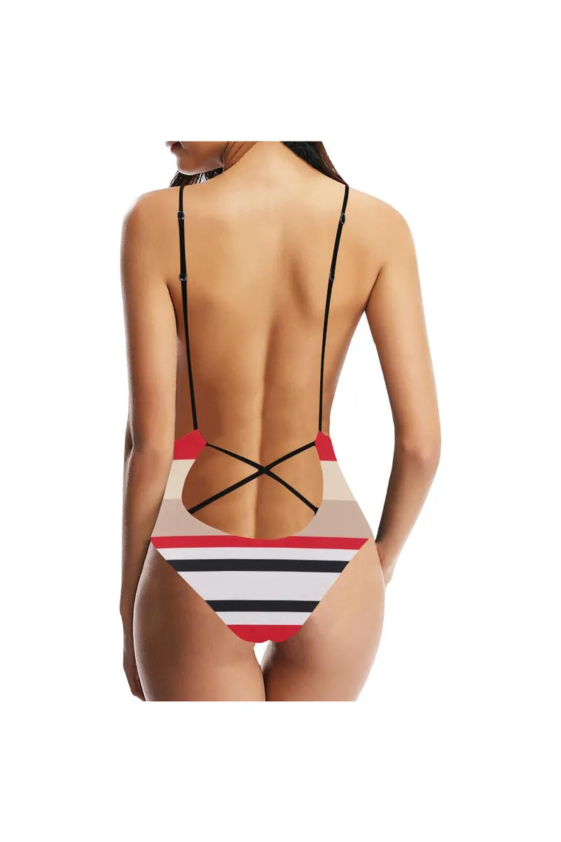 Red & Black Stripe Sexy Lacing Backless One-Piece Swimsuit