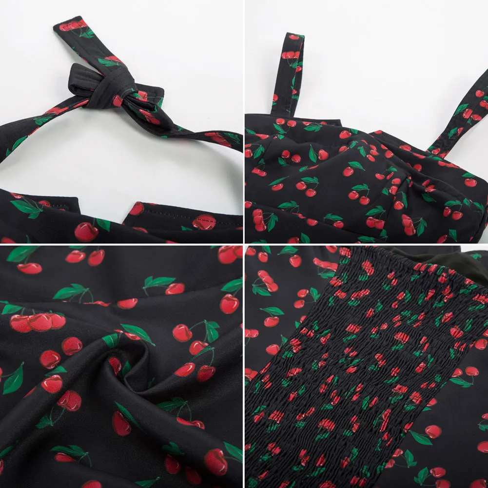 Seckill Offer⌛Vintage Cherries Print Tops Wide Straps Smocked Back Slim Fit Tank Top