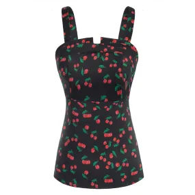 Seckill Offer⌛Vintage Cherries Print Tops Wide Straps Smocked Back Slim Fit Tank Top