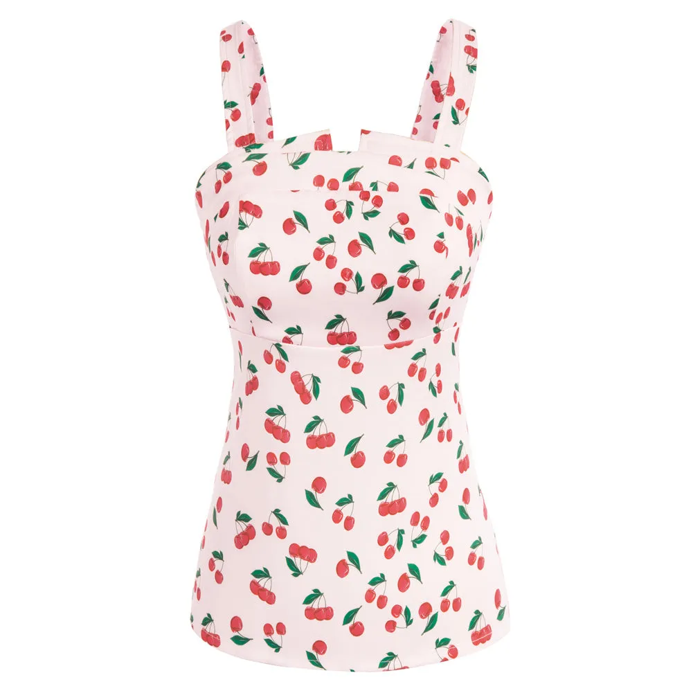 Seckill Offer⌛Vintage Cherries Print Tops Wide Straps Smocked Back Slim Fit Tank Top